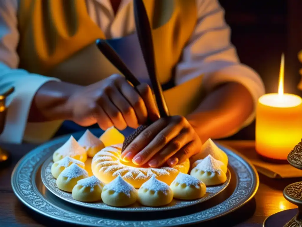 Artesano colonial moldeando dulces coloniales, historia cultural capturada en azúcar bajo la luz de las velas