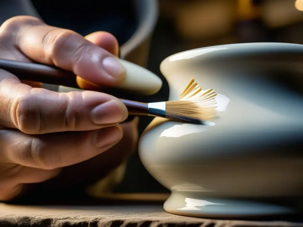 Restauración de porcelana: Arte y precisión en manos expertas Un artesano restaura con destreza una antigua porcelana, fusionando ciencia y arte en un taller tenue