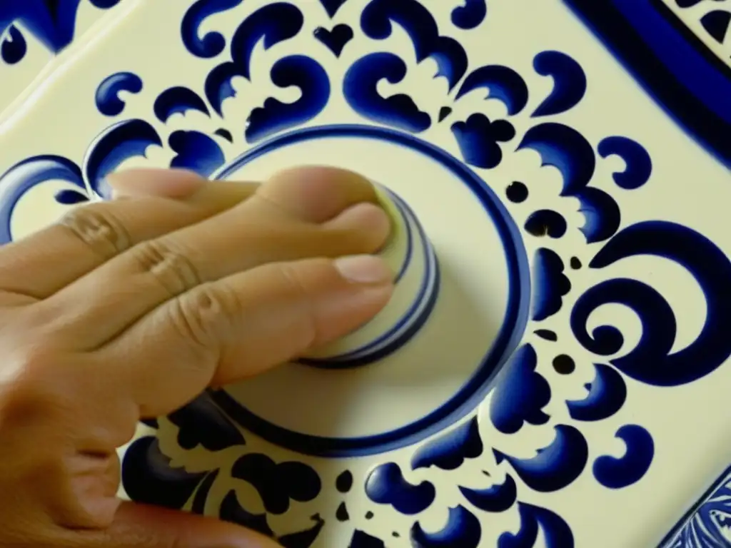 Un artesano pintando con destreza un azulejo de Talavera, destacando la historia y cultura de la cerámica