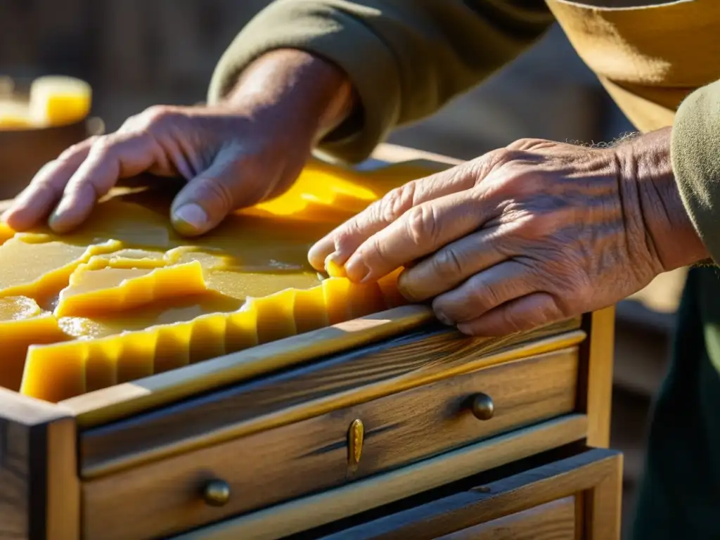 Un artesano aplica con destreza una mezcla de cera de abeja y aceite de oliva para conservar un cofre de madera envejecido