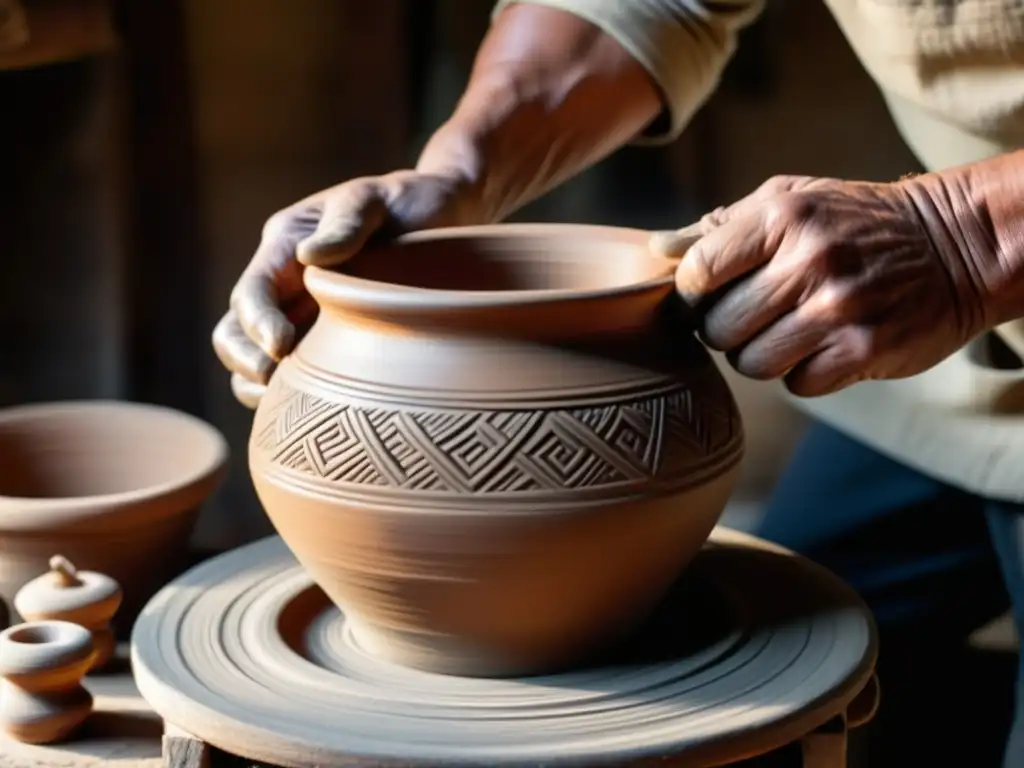 Un artesano moldea con destreza una olla de arcilla en un torno de madera, mostrando la evolución de utensilios de cocina de arcilla