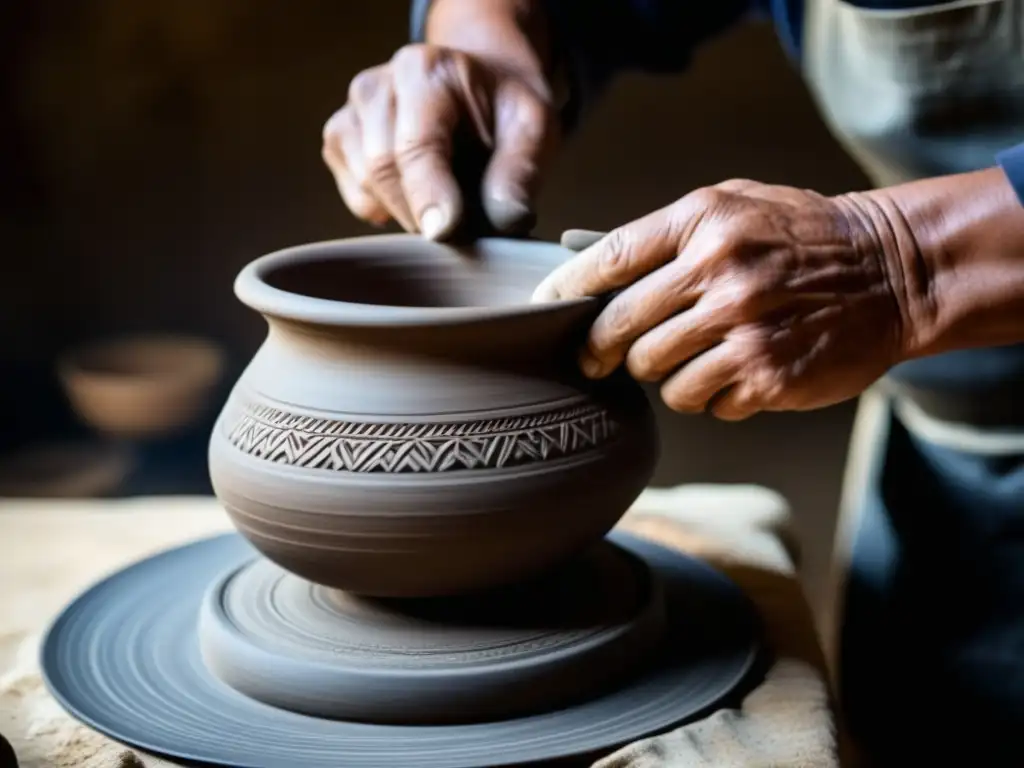 Artesano creando olla de barro: destreza y tradición Un artesano crea con destreza una olla de barro, resaltando la belleza de los utensilios de cocina tradicionales renacimiento