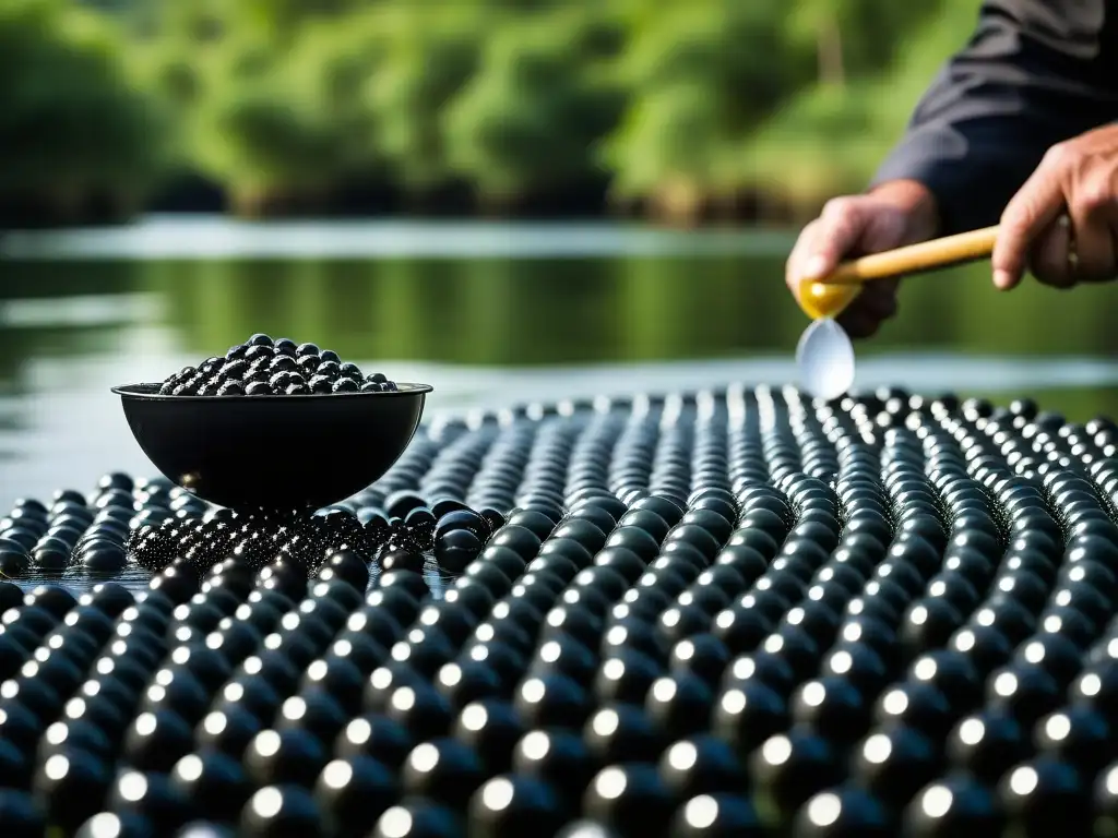 Un artesano extrae con destreza perlas negras del esturión en una granja de caviar, destacando la precisión y lujo