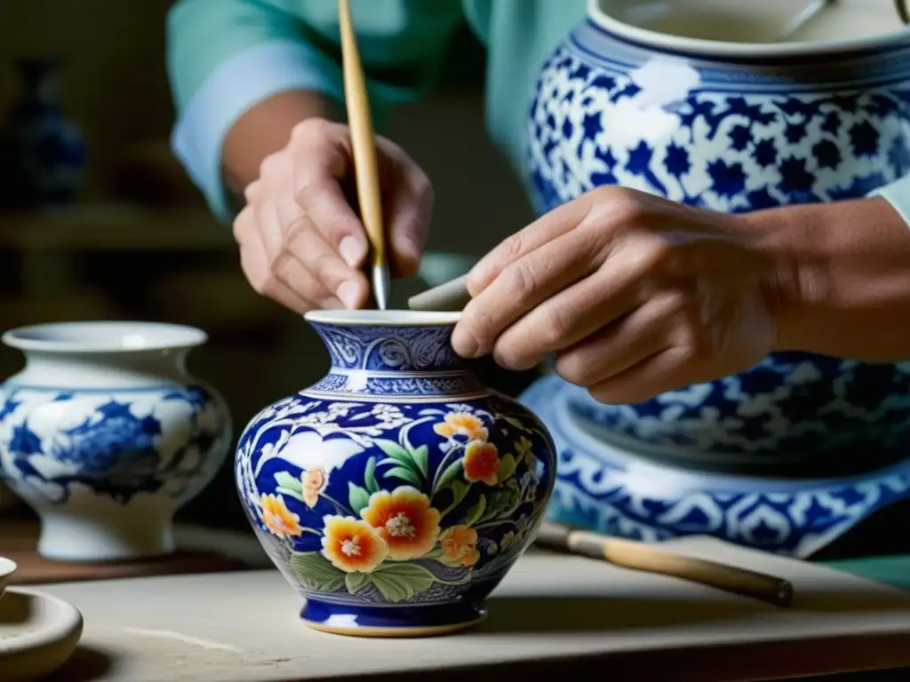 Un artesano pinta con detalle florituras en un jarrón de porcelana en un taller del siglo XIX