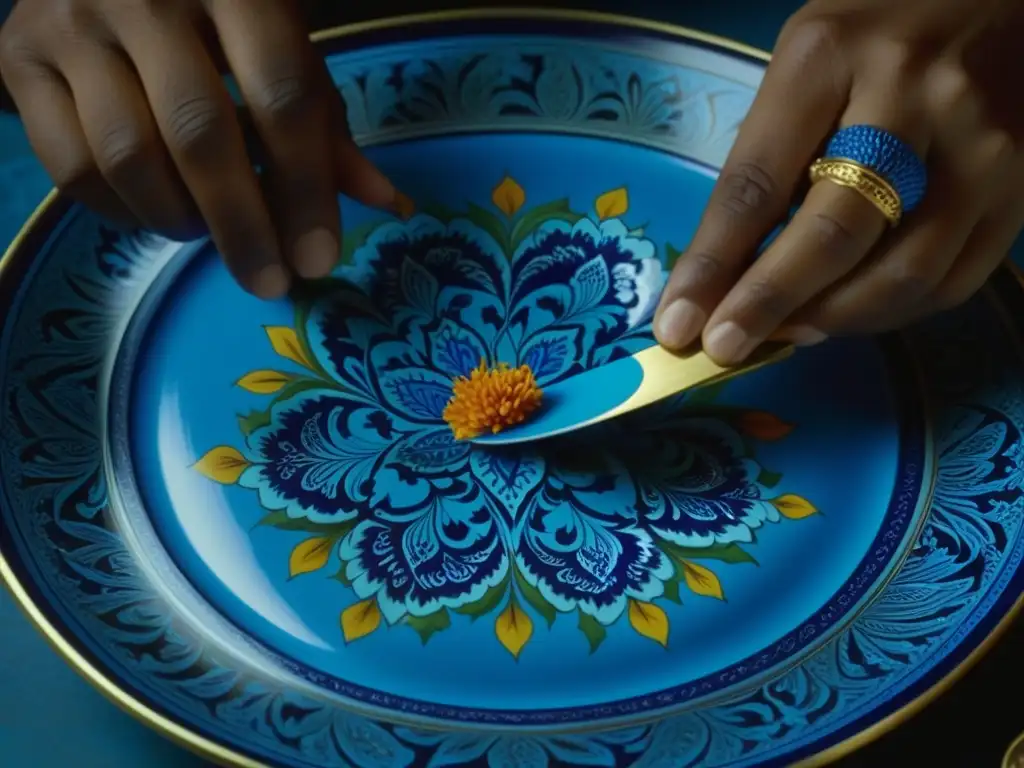 Un artesano pintando con detalle en un plato de cerámica mughal azul vibrante