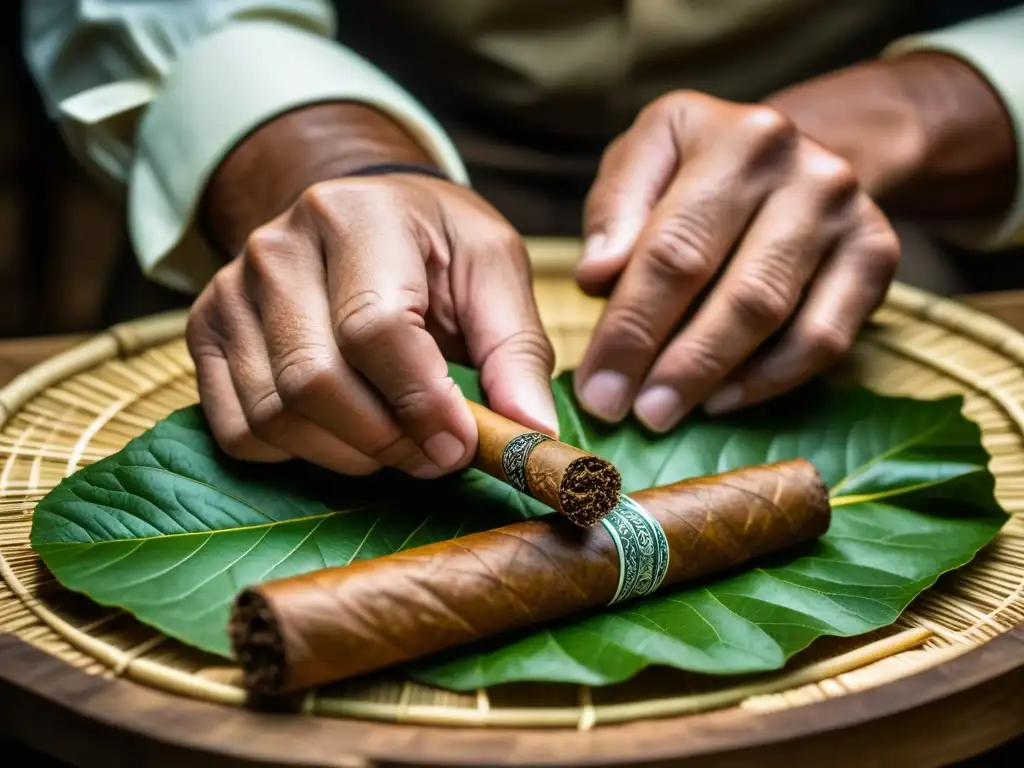 Un artesano experto en cigarrillos de tabaco y ron en Europa crea con destreza un puro a mano, resaltando la tradición y el cuidado en la elaboración