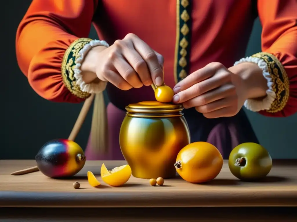 Un artesano experto aplica con destreza un brillo dorado sobre una jarra de frutas en conserva del Barroco Francés, resaltando detalles y dedicación