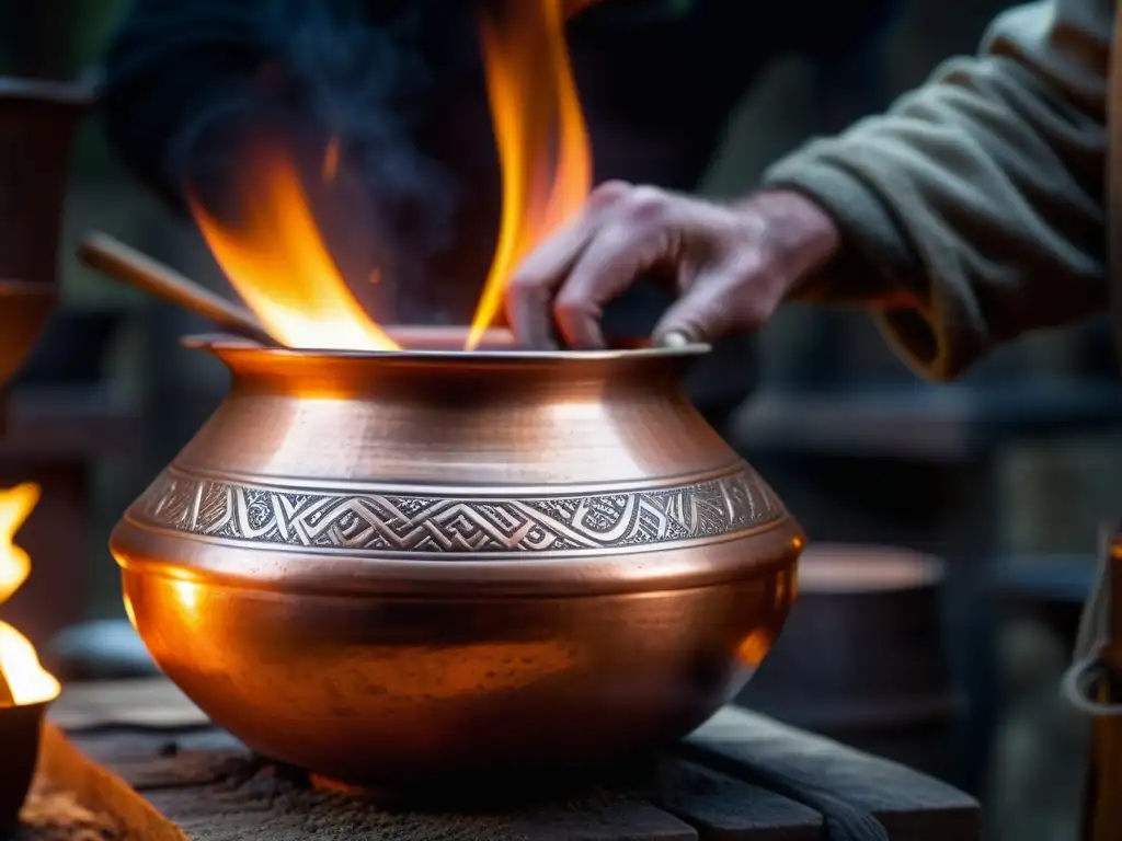 Un artesano experto moldea con destreza una olla de cobre en un taller medieval