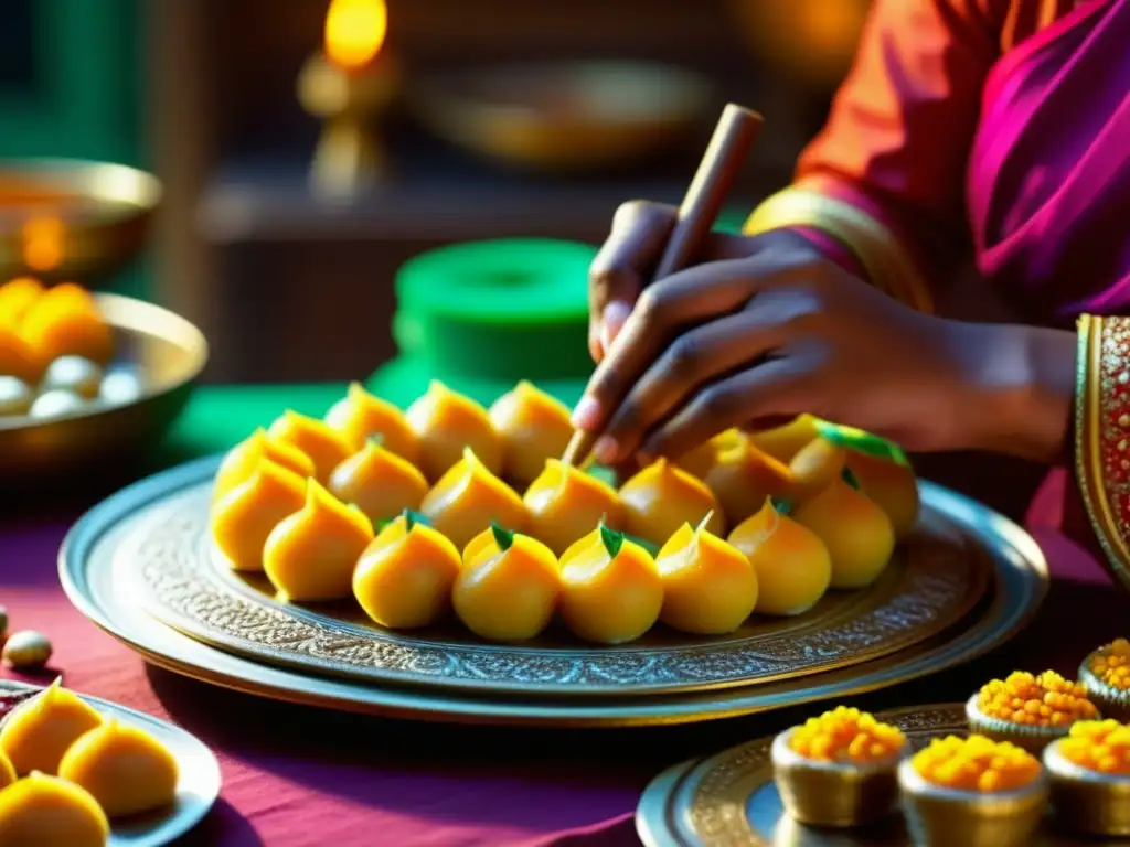 Un artesano experto elaborando dulces de Diwali con colores vibrantes y detalles intrincados, resaltando su significado cultural