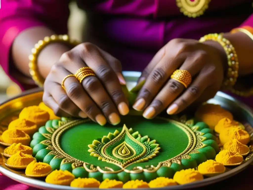 Un artesano experto creando dulces de Diwali con meticulosidad y colorido, mostrando su significado cultural