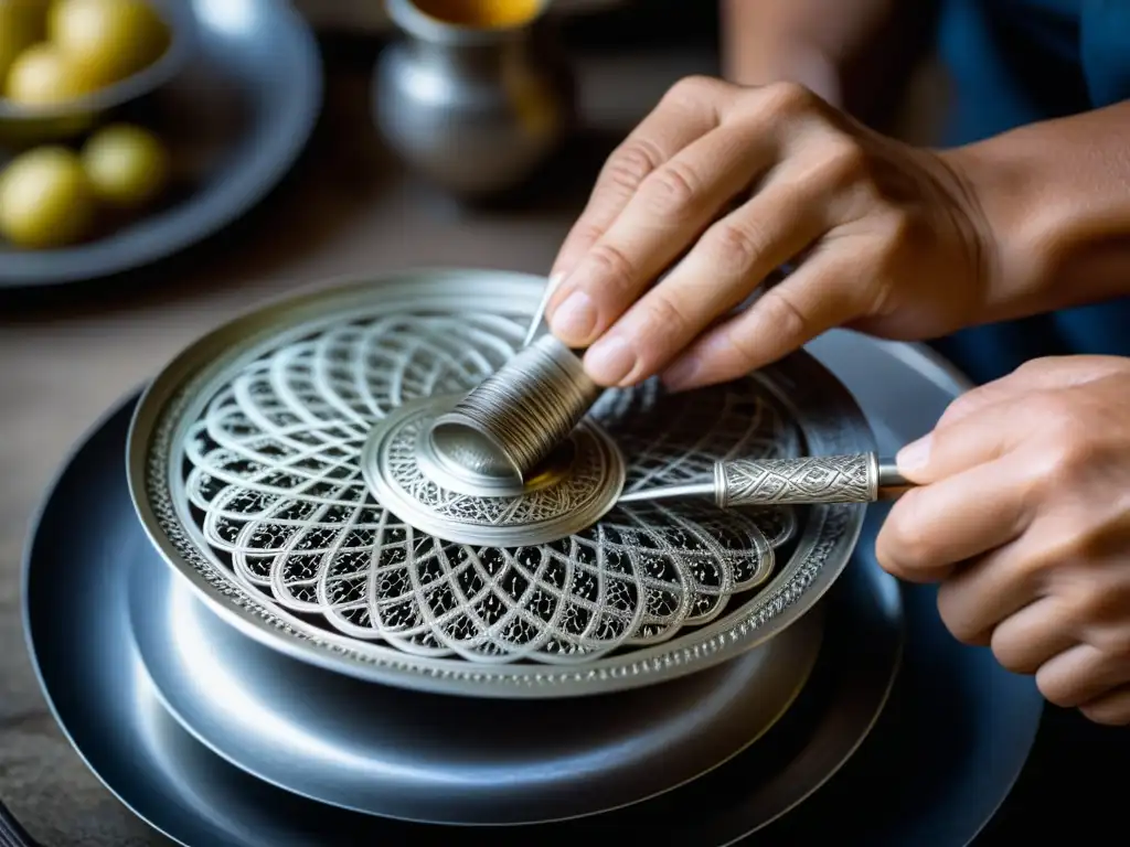 Un artesano experto teje filigranas de plata en un utensilio de cocina, destacando la meticulosa artesanía de la historia filigrana utensilios cocina