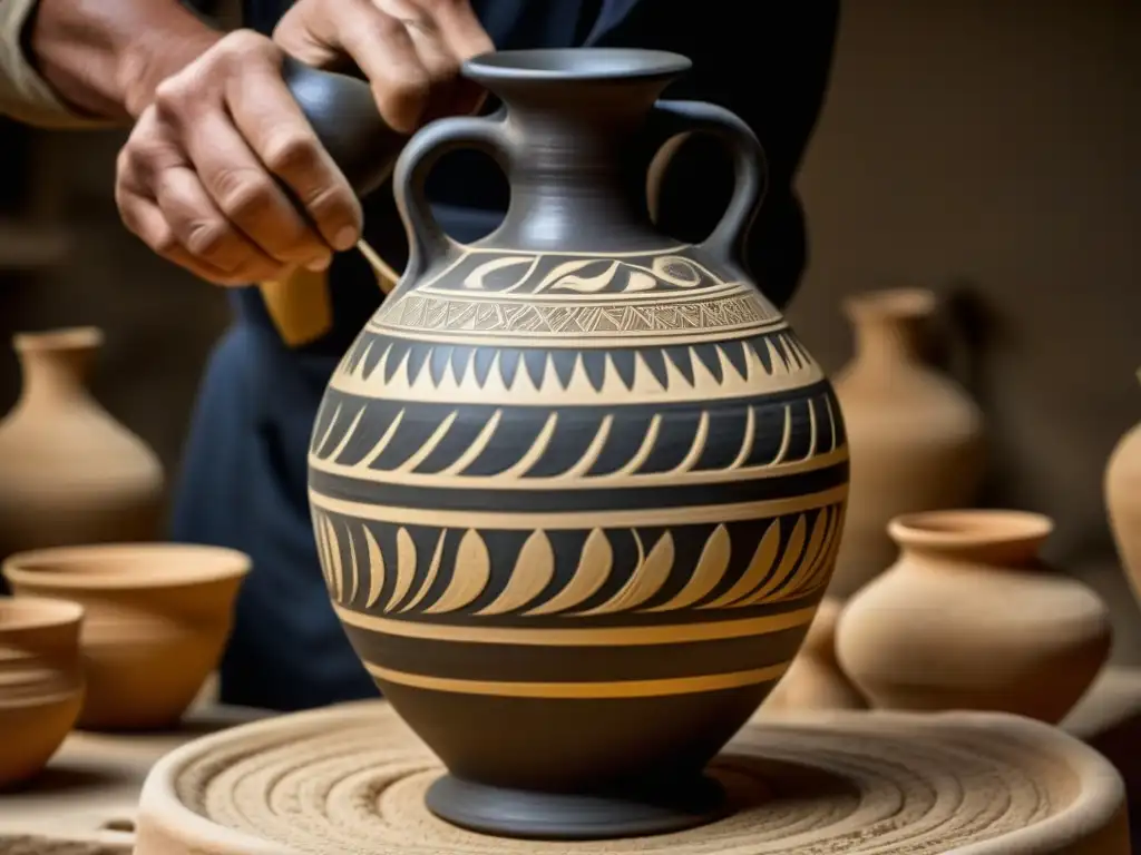 Un artesano experto crea réplica de ánfora griega, resaltando detalles y texturas, para mejorar experiencia con utensilios históricos