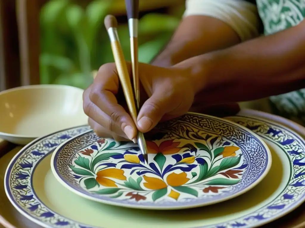 Un artesano experto pintando intrincados patrones florales en plato de cerámica mughal