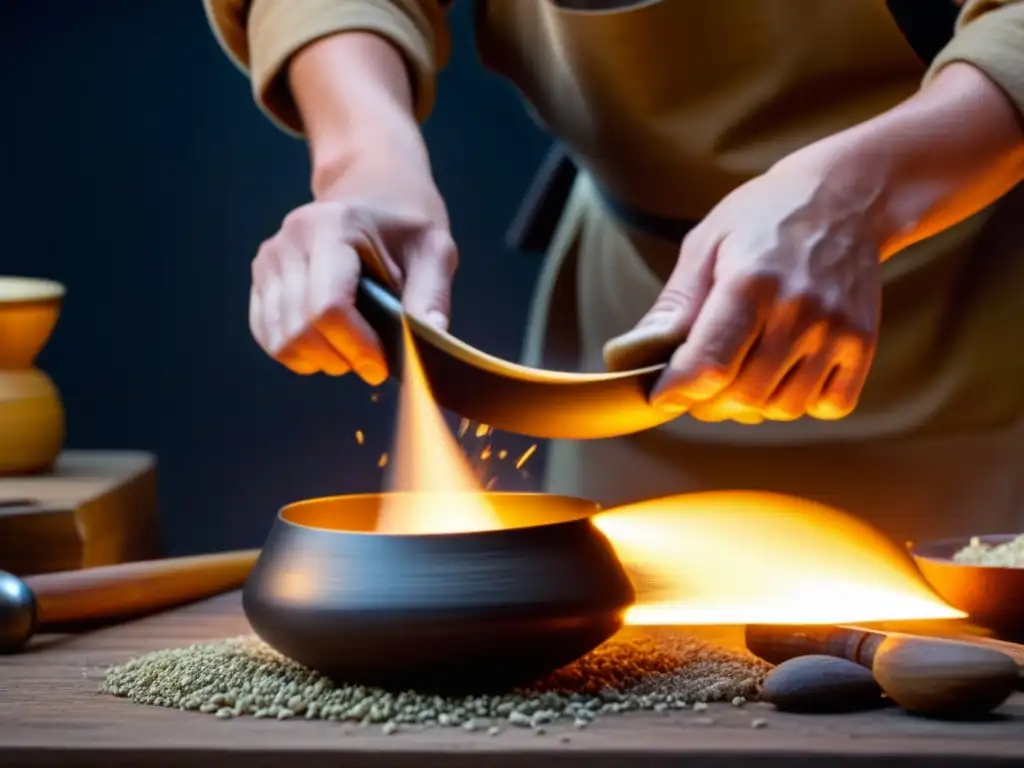 Un artesano experto recrea con meticulosidad un utensilio culinario antiguo, destacando cada detalle