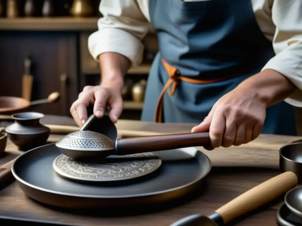 Un artesano experto creando réplicas de utensilios históricos para chefs, mostrando detalle y dedicación