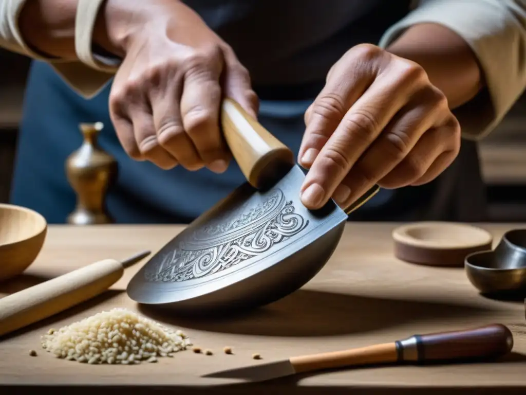 Un artesano experto replica utensilios antiguos de cocina con meticulosidad y destreza, resaltando la artesanía y detalle