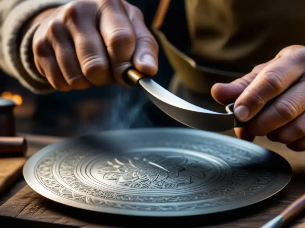 Artesano experto recrea utensilio histórico con detalle Un artesano experto recrea utensilios históricos para cocina con detalle y precisión en su taller