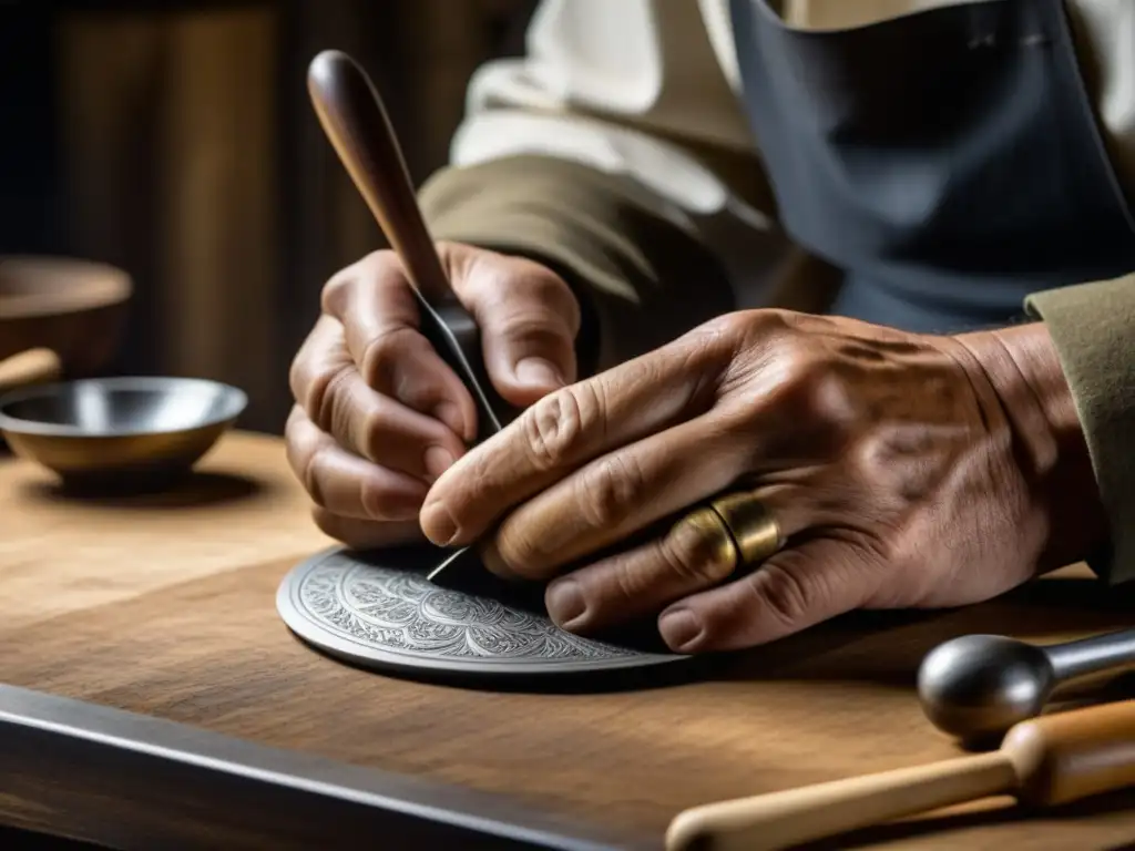 Un artesano experto recrea utensilios históricos en recetas, mostrando detalles meticulosos y dedicación artesanal