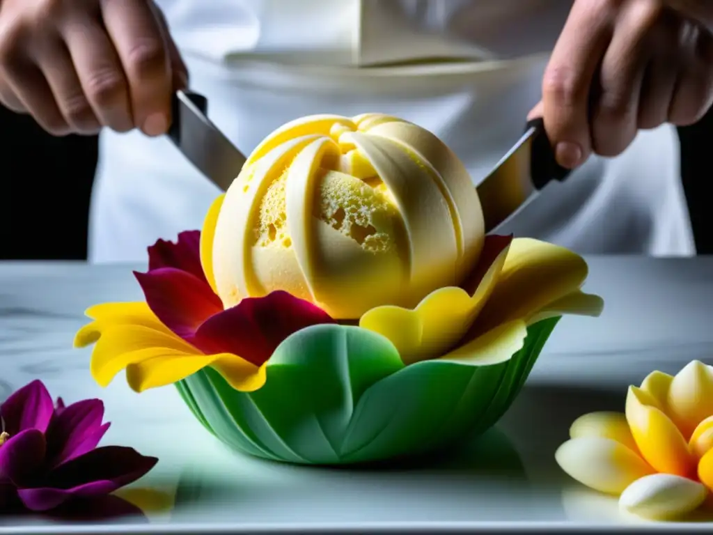 Artesano del gelato creando una flor detallada con precisión