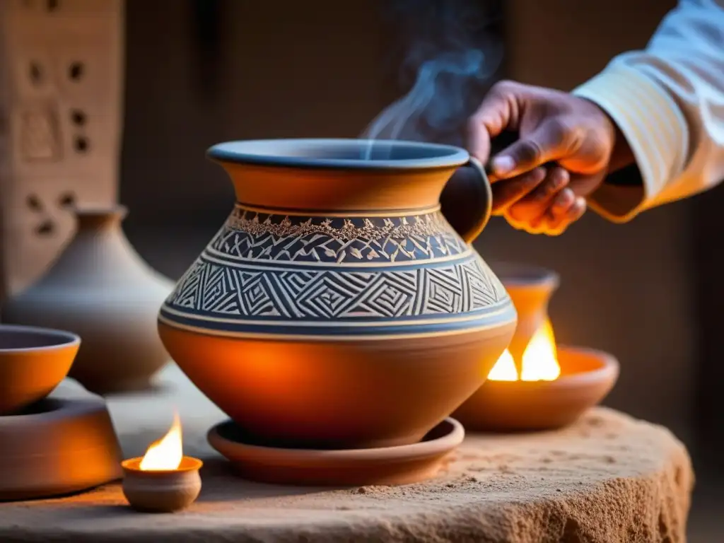 Un artesano habilidoso moldea con delicadeza una olla de barro tradicional árabe, resaltando sus patrones geométricos e intrincados diseños