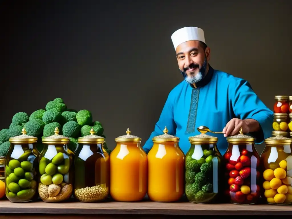 Un artesano del Imperio Otomano prepara conservas en frascos de vidrio, mostrando la preservación de alimentos