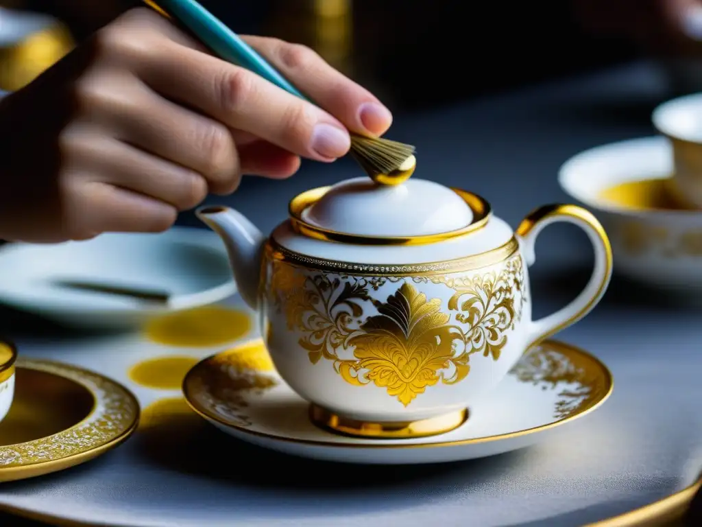 Un artesano cuidadosamente pinta intrincados diseños dorados en un juego de té de porcelana blanca