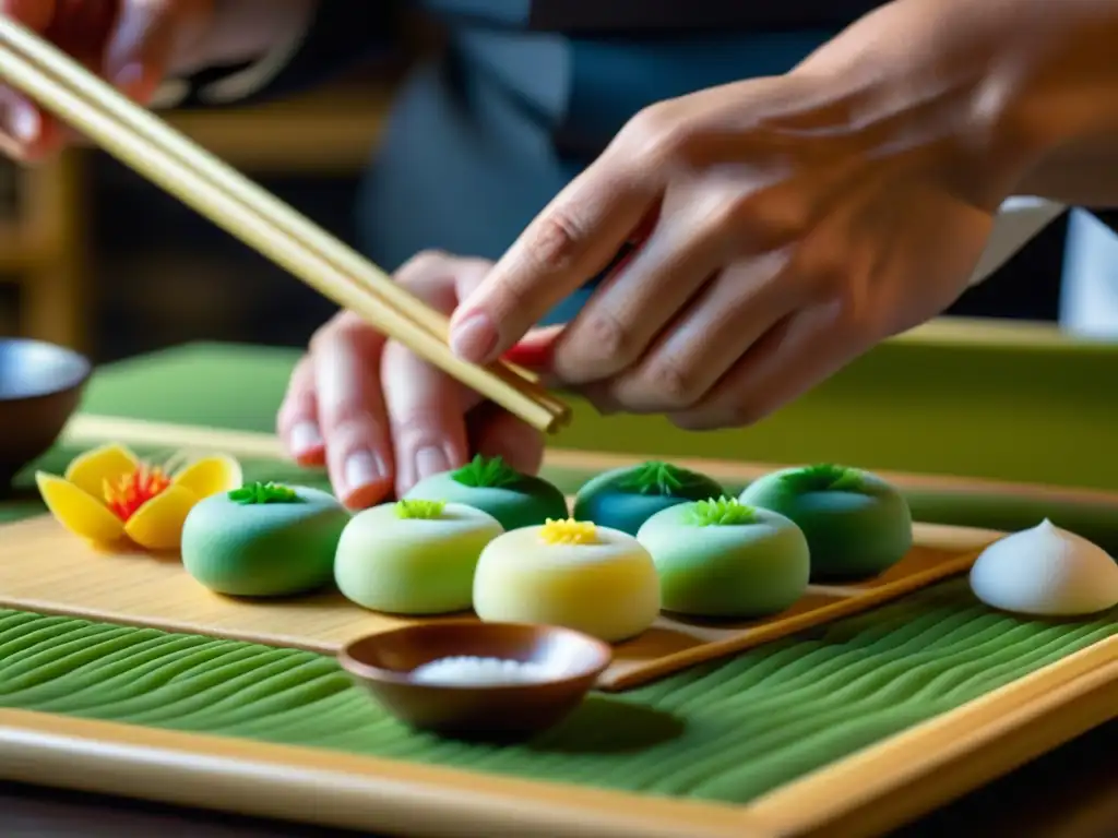 Artesano japonés elaborando wagashi con precisión y arte en auténtico entorno tradicional, historia wagashi dulces japoneses