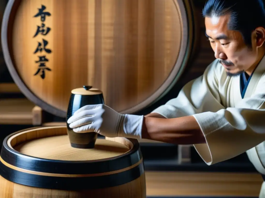 Un artesano japonés puliendo un barril de sake, resaltando la influencia cultural de los licores japoneses en Portugal