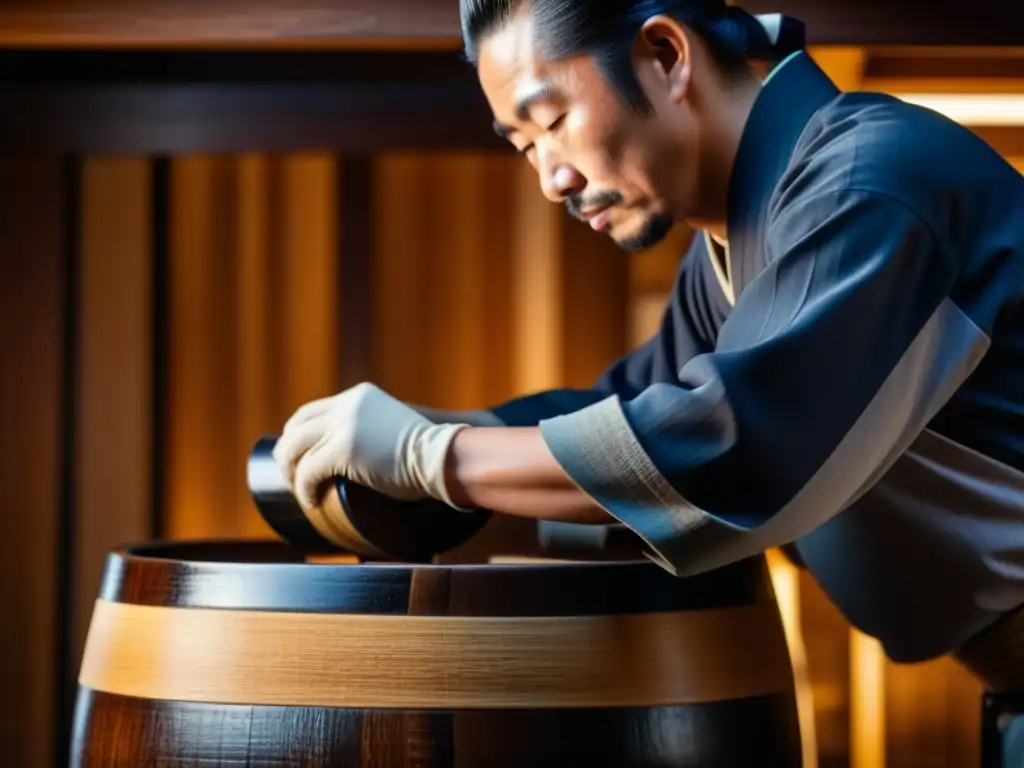 Un artesano japonés puliendo cuidadosamente un barril de sake de madera, resaltando los detalles y la historia del sake y globalización