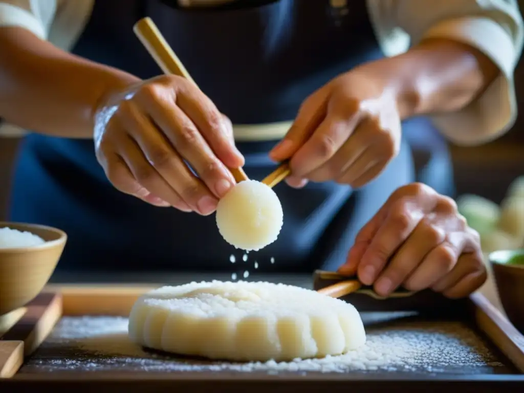 Artesano japonés elaborando mochi en cocina tradicional Edo Artesano japonés moldeando mochi en cocina de la época Edo, historia mochi cultura globalización épocas