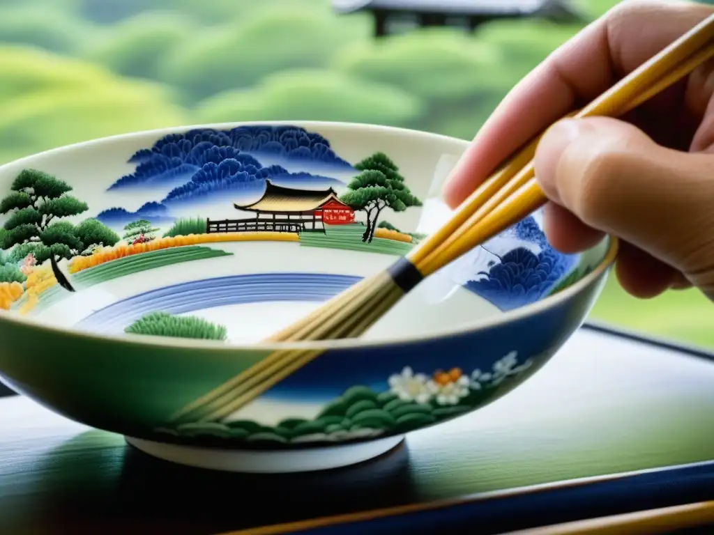 Un artesano japonés pinta detalladamente un cuenco de arroz de porcelana, destacando la importancia cultural e histórica