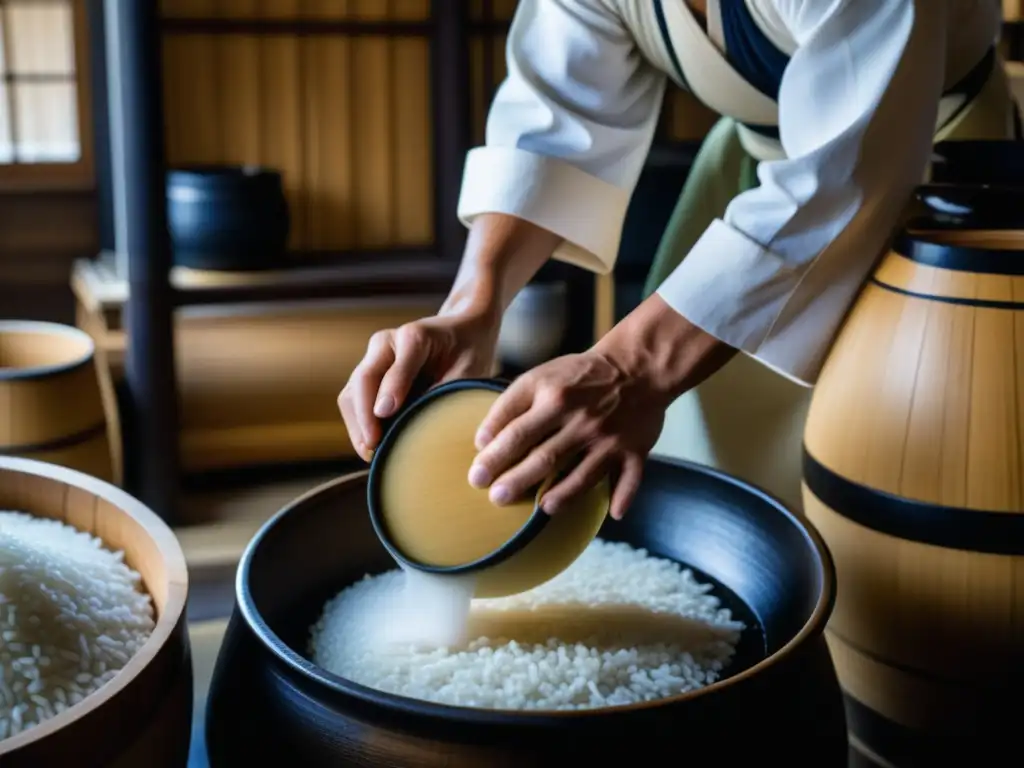 Un artesano japonés en una destilería de sake, mostrando la influencia cultural de licores japoneses y técnicas portuguesas