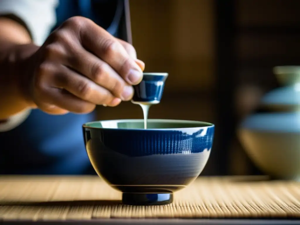 Un artesano japonés de una destilería de sake puliendo una delicada taza de cerámica, con la historia del sake y globalización