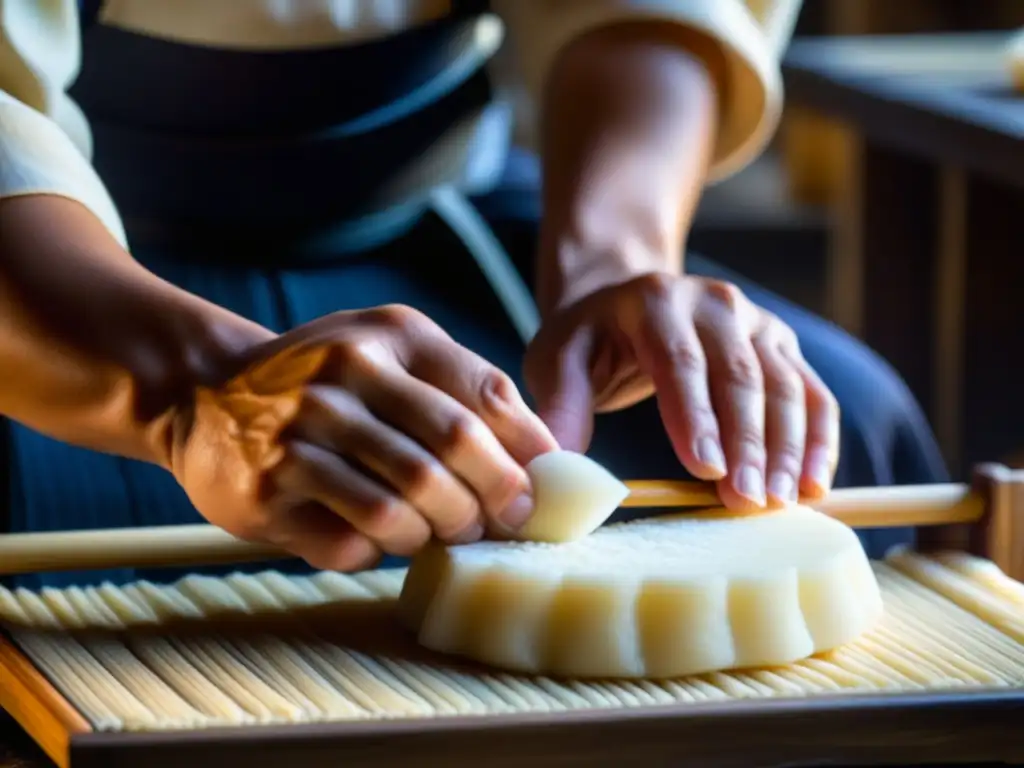 Artesano japonés moldeando mochi con destreza, resaltando la importancia cultural del tofu mochi en Japón