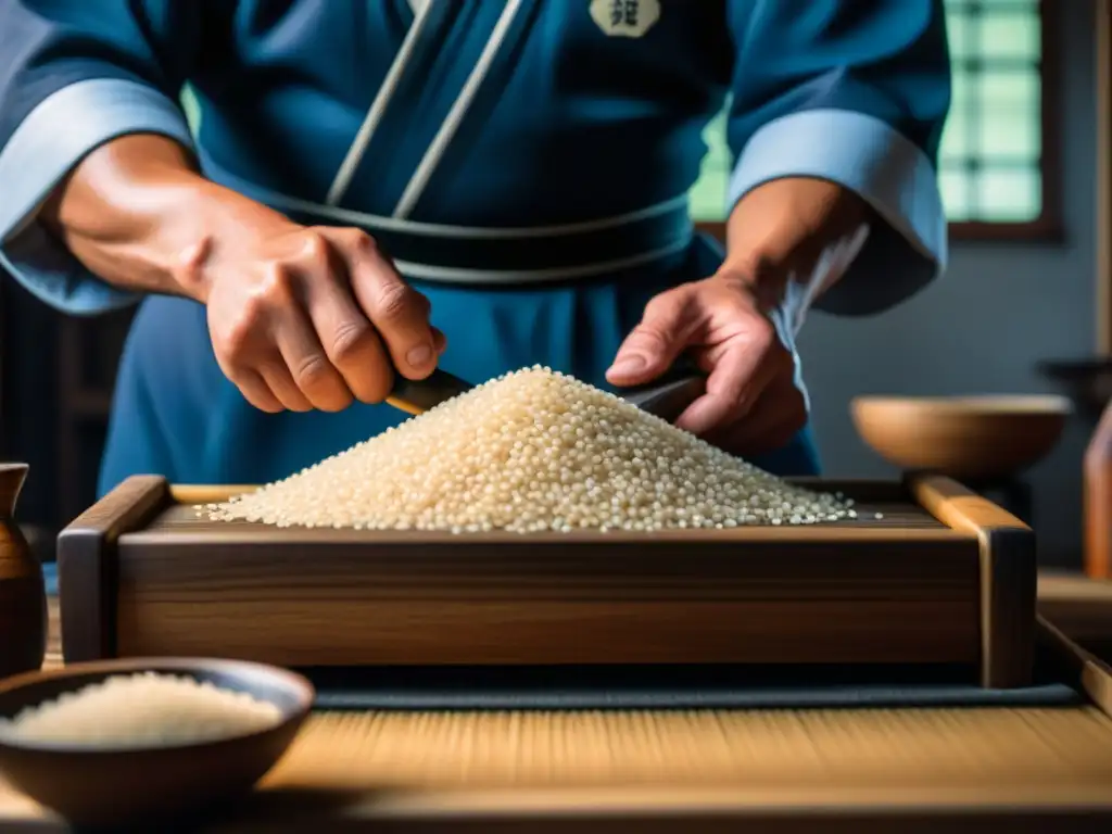 Un artesano japonés cuidadosamente puliendo granos de arroz en una tradicional destilería de sake, destacando la historia del sake y globalización