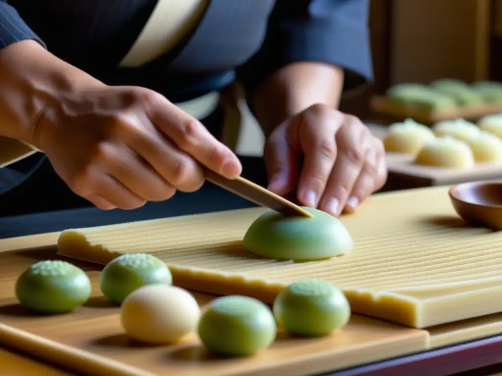 Artesano japonés elaborando Wagashi en la Era Meiji, con delicadeza y precisión en un ambiente nostálgico y educativo