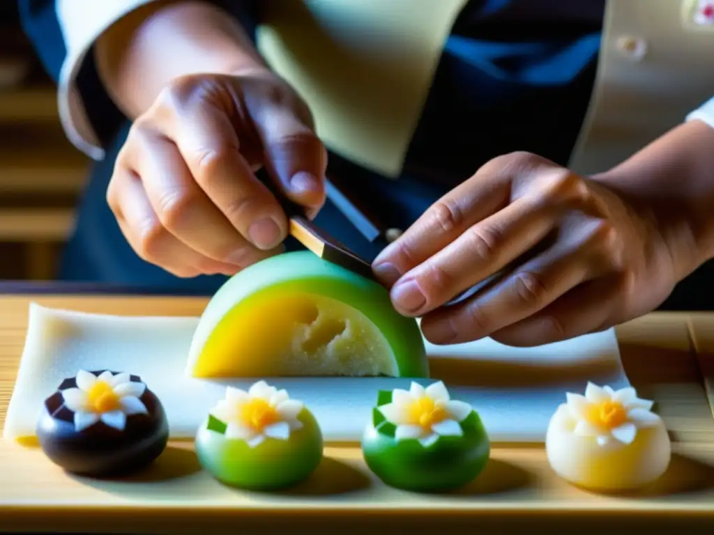 Artesano japonés en la Era Meiji elaborando wagashi con precisión y dedicación