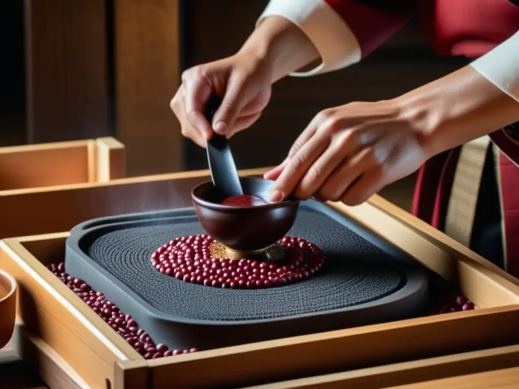 Un artesano japonés vierte pasta de frijol rojo en moldes de madera para crear Yokan, mostrando la textura y color del postre