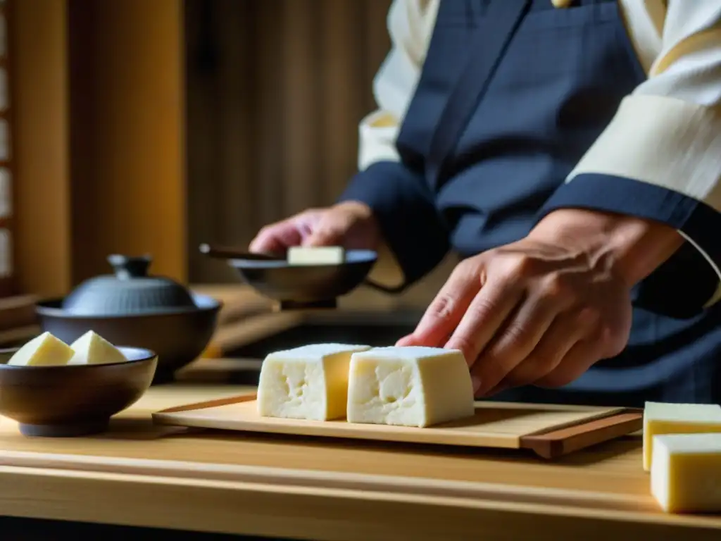 Un artesano japonés moldea tofu y mochi con delicadeza en cocina rústica