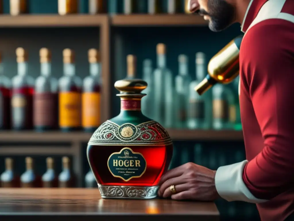 Un artesano vierte licor rojo en botella antigua: historia y tradición de licores históricos identidad cultural