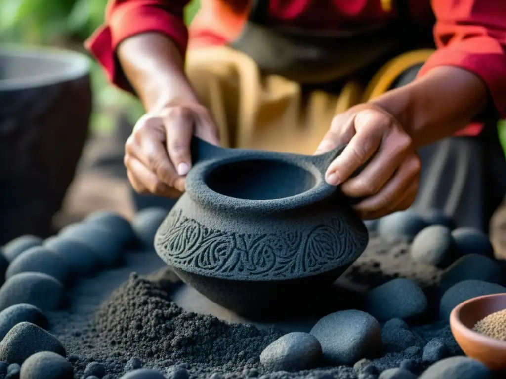 Un artesano local talla con destreza un molcajete de roca volcánica, en la preparación de alimentos en ambientes volcánicos