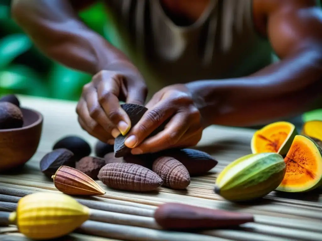 Artesano maya elaborando recetas históricas cultura cacao mayas en Tikal