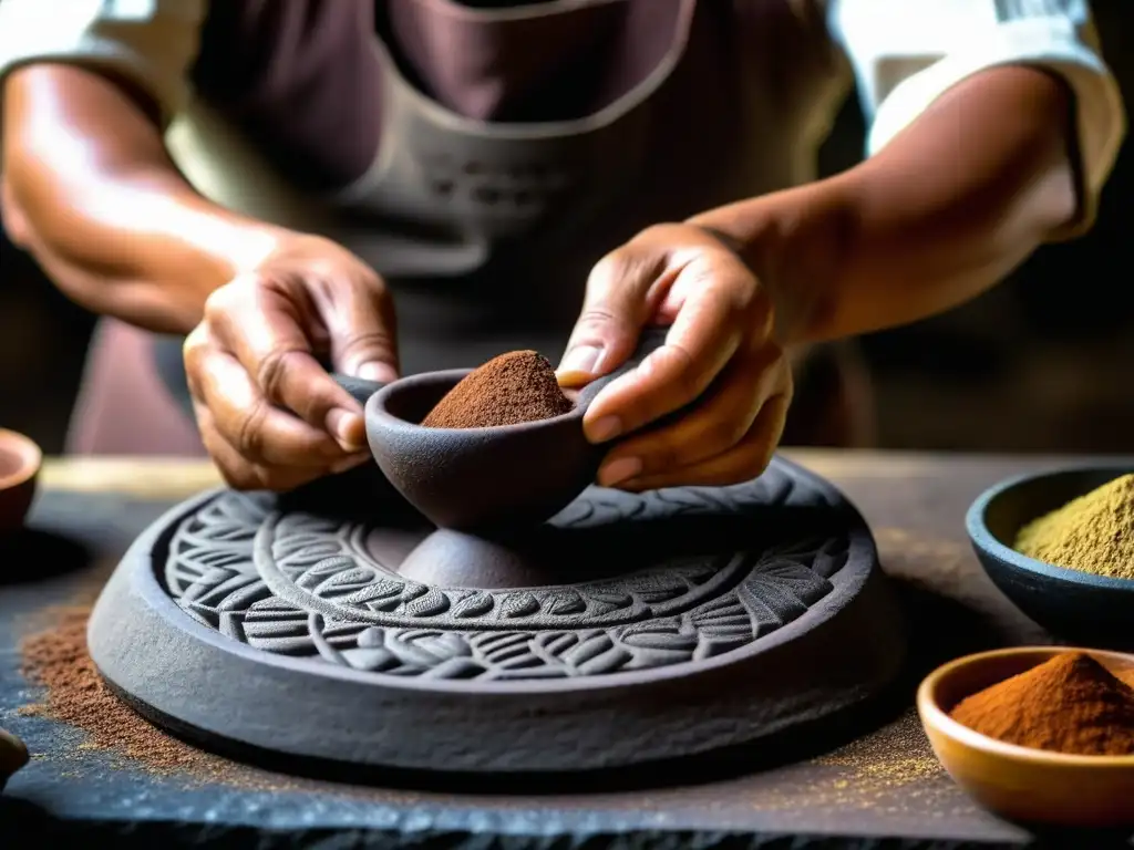 Artesano mexicano elaborando Chocolatl con técnicas ancestrales