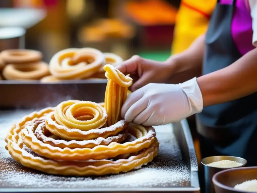 Artesano mexicano elaborando churros a mano en mercado colorido