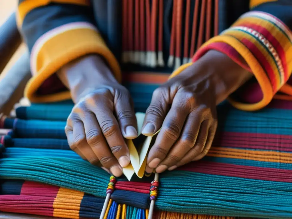 Un artesano nómada tejiendo con esmero patrones tradicionales, mostrando la conexión entre la artesanía y la sostenibilidad