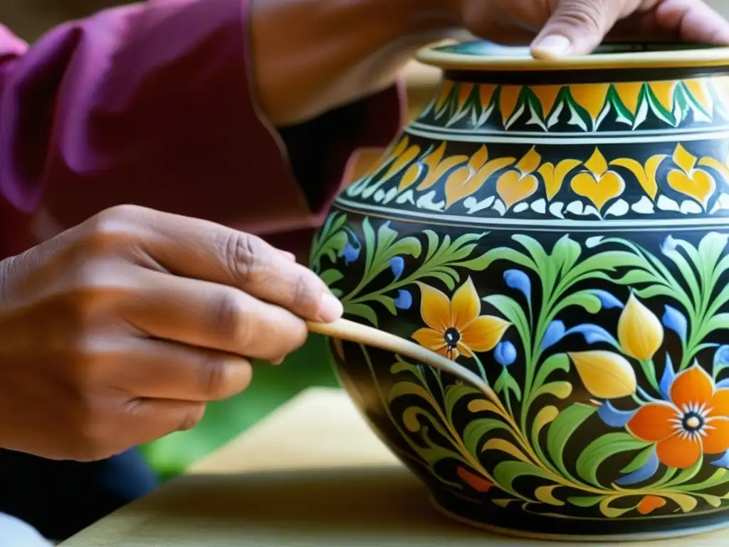 Un artesano pinta patrones florales en una olla de cerámica mughal, destacando la artesanía y la belleza de cocinar con recetas de cerámica mughal