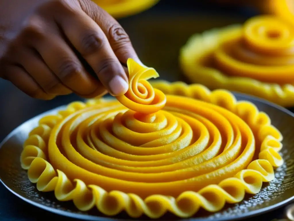 Un artesano persa crea con destreza un jalebi dorado, destacando la meticulosidad y el arte en cada detalle