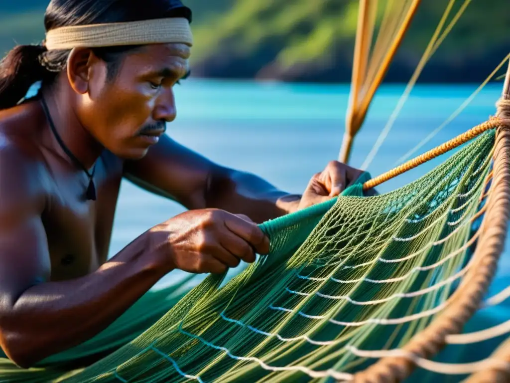 Artesano pesquero tejendo red con materiales locales en Micronesia, reflejando prácticas tradicionales de pesca sostenible