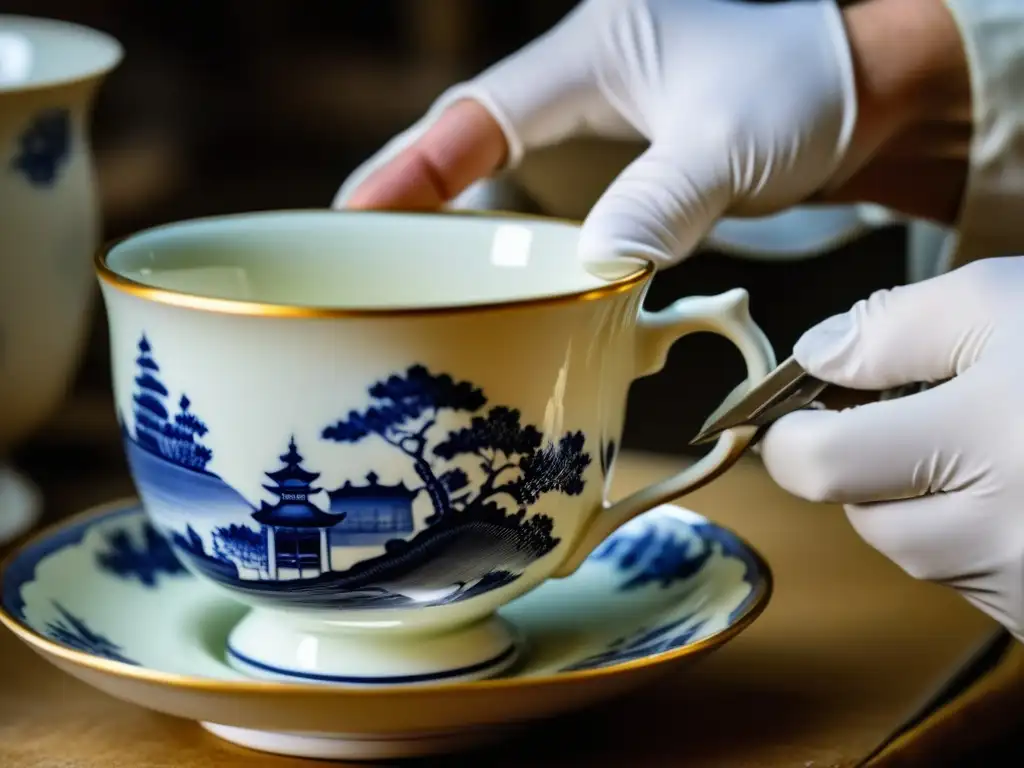 Restauración experta de antigua taza de porcelana: arte y precisión Un artesano restaura con precisión una antigua taza de porcelana, mostrando el meticuloso proceso de restauración