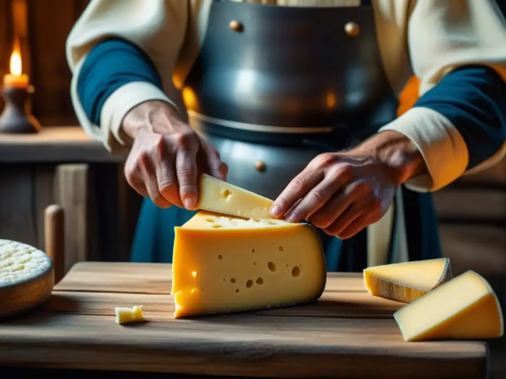 Un artesano moldea queso en un taller medieval